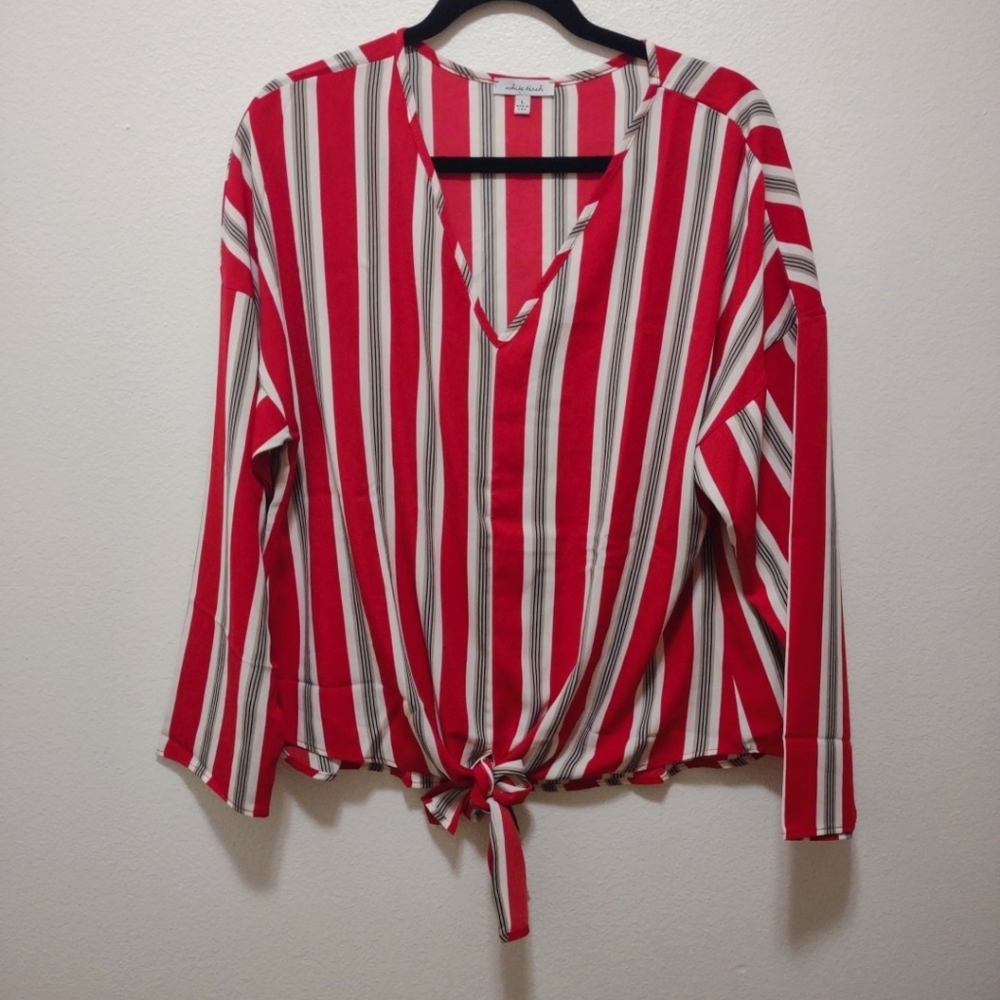 White Birch Red Gray White Stripe Tie Front Blouse L